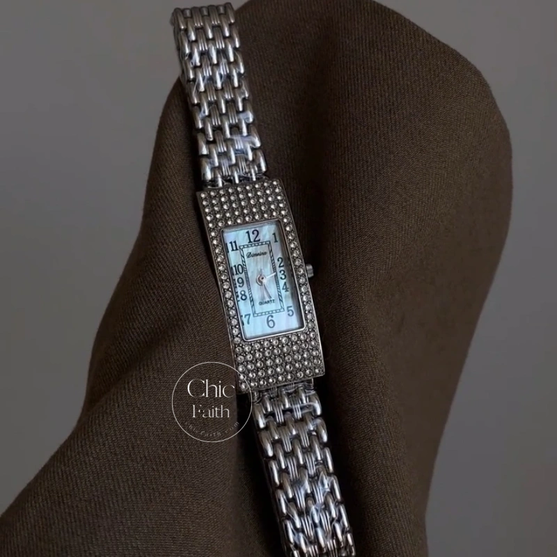 Minimalist Silver Rectangular Mother-of-Pearl Dial Women's Watch