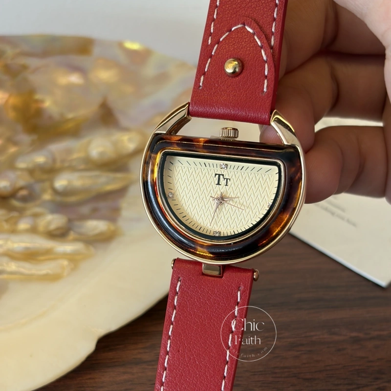 Chic Style Red Genuine Leather Women's Watches