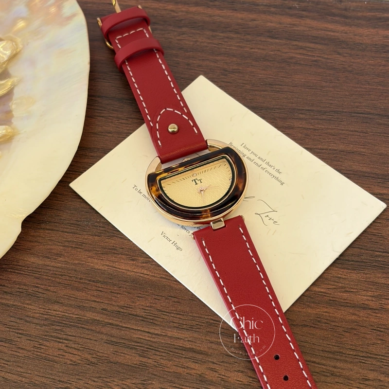 Chic Style Red Genuine Leather Women's Watches