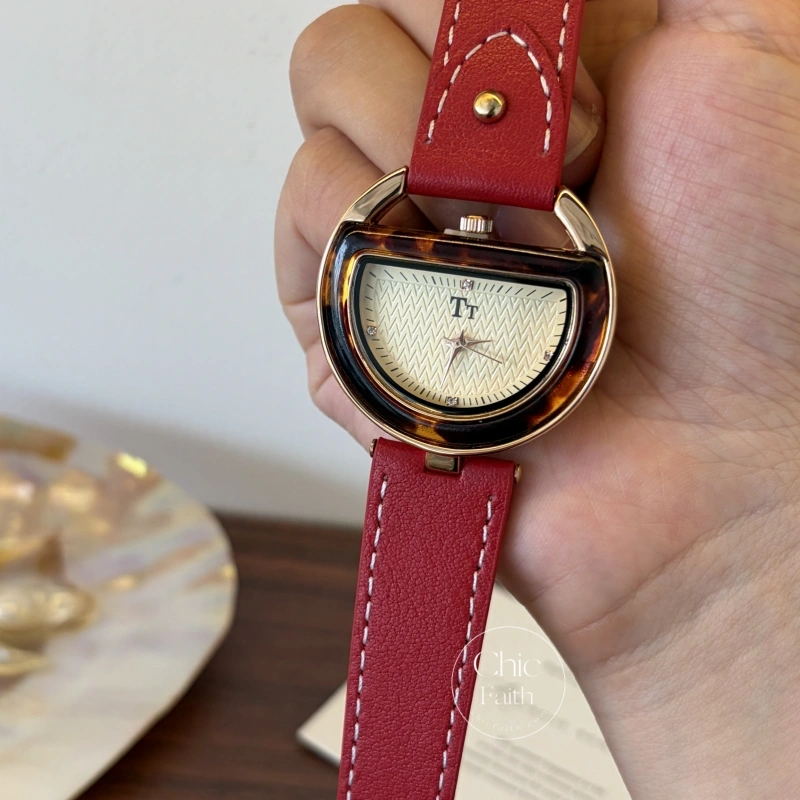 Chic Style Red Genuine Leather Women's Watches