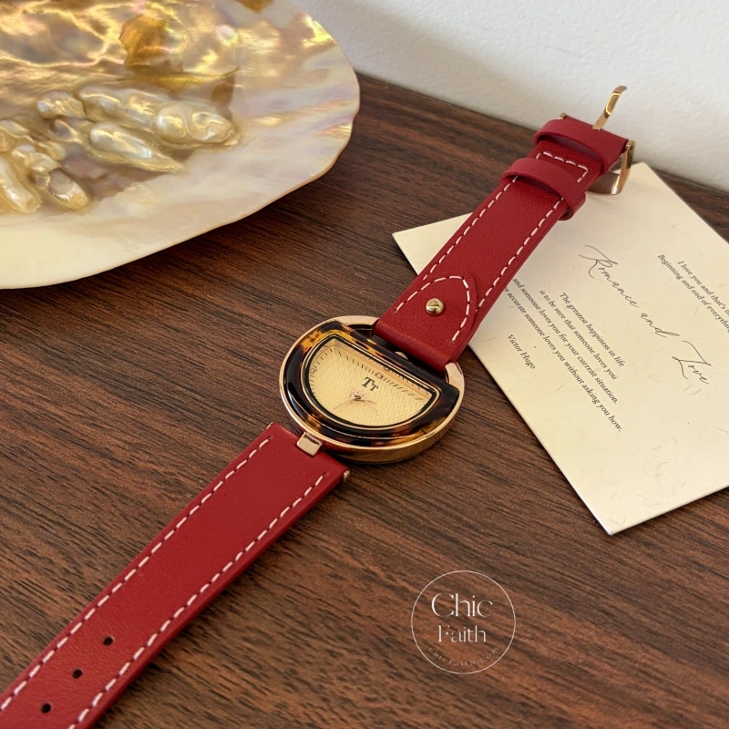 Chic Style Red Genuine Leather Women's Watches