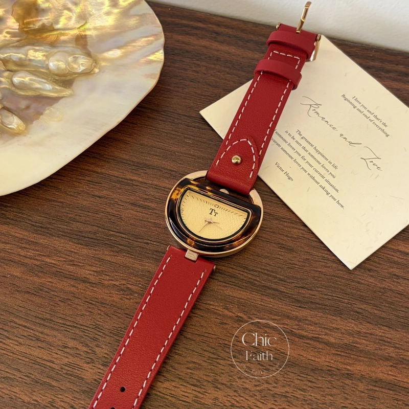 Chic Style Red Genuine Leather Women's Watches