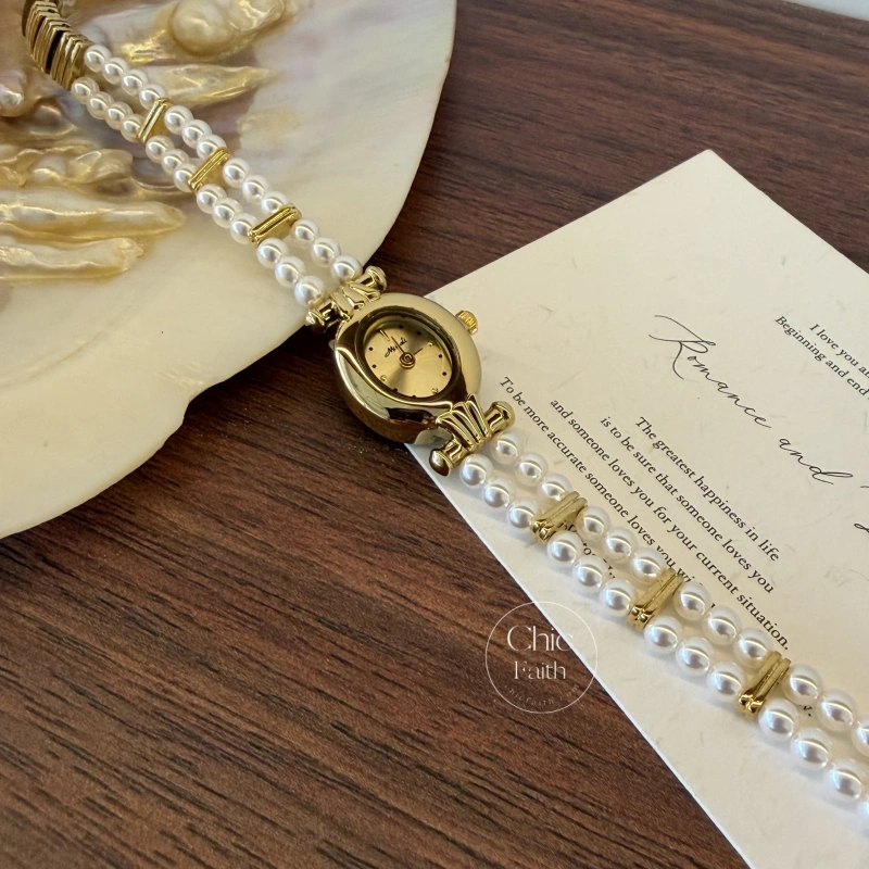 Elegant Gold Small Oval Face Pearl Bracelet Women's Watch