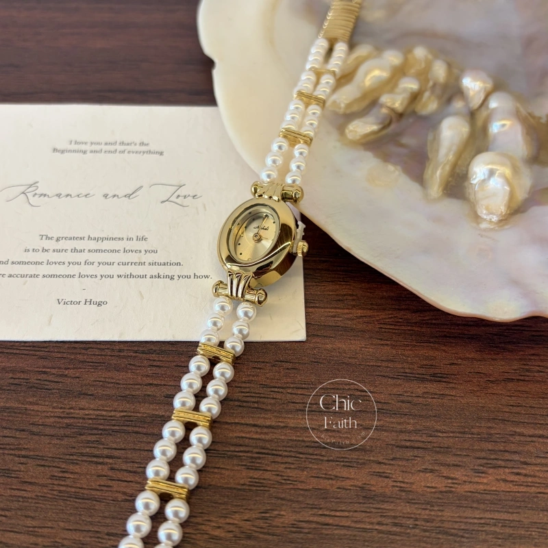 Elegant Gold Small Oval Face Pearl Bracelet Women's Watch