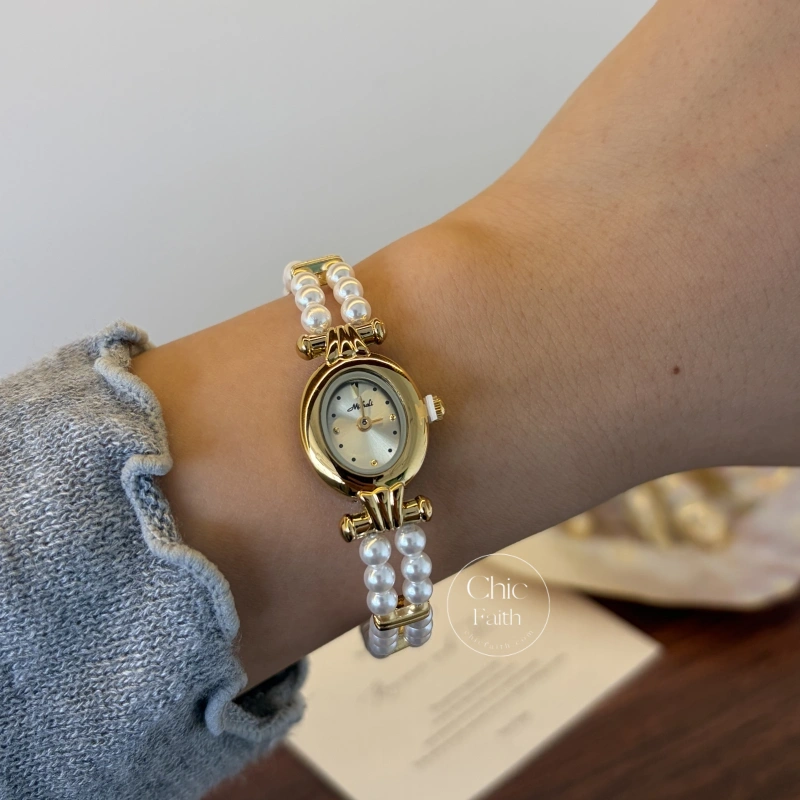 Elegant Gold Small Oval Face Pearl Bracelet Women's Watch