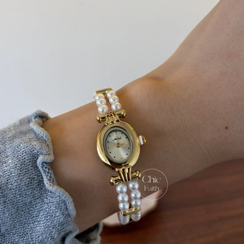 Elegant Gold Small Oval Face Pearl Bracelet Women's Watch
