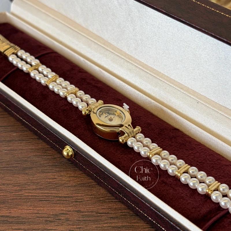 Elegant Gold Small Oval Face Pearl Bracelet Women's Watch