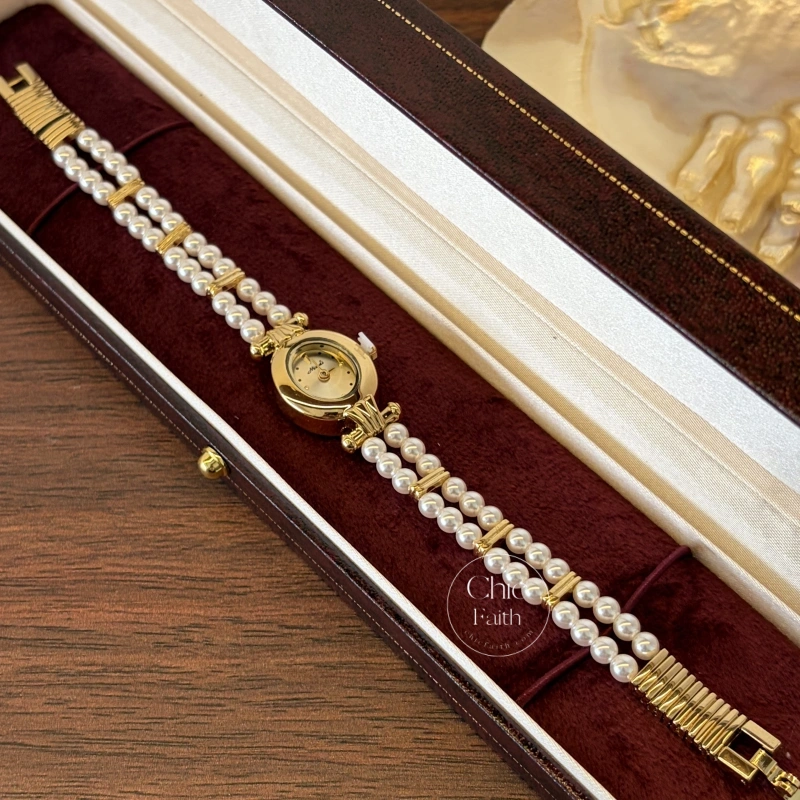 Elegant Gold Small Oval Face Pearl Bracelet Women's Watch