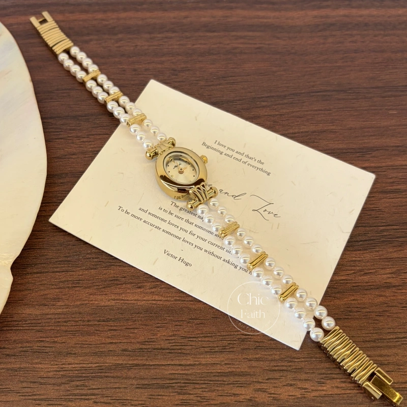 Elegant Gold Small Oval Face Pearl Bracelet Women's Watch