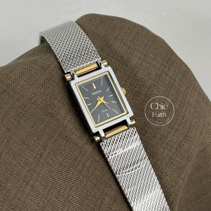 Minimalist Rectangle Black Dial Two Tone Women's Watch