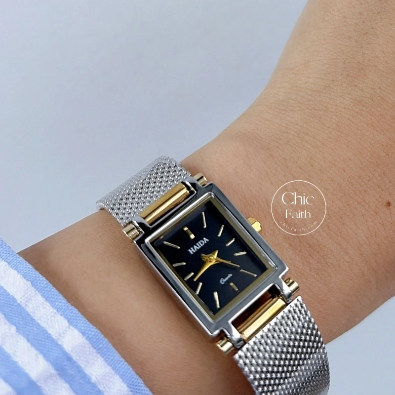 Minimalist Rectangle Black Dial Two Tone Women's Watch