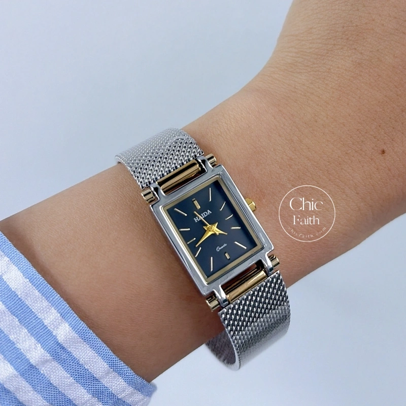 Minimalist Rectangle Black Dial Two Tone Women's Watch