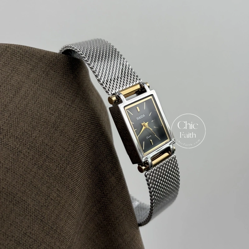 Minimalist Rectangle Black Dial Two Tone Women's Watch