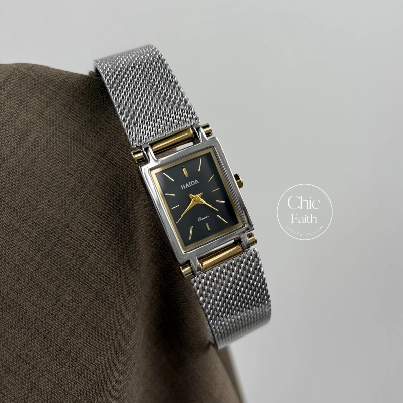 Minimalist Rectangle Black Dial Two Tone Women's Watch