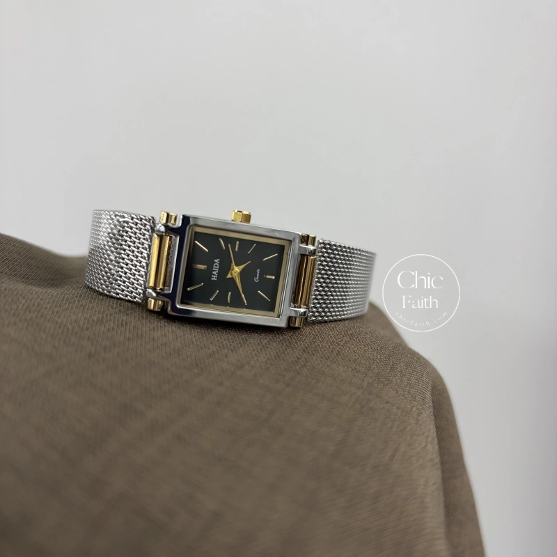 Minimalist Rectangle Black Dial Two Tone Women's Watch