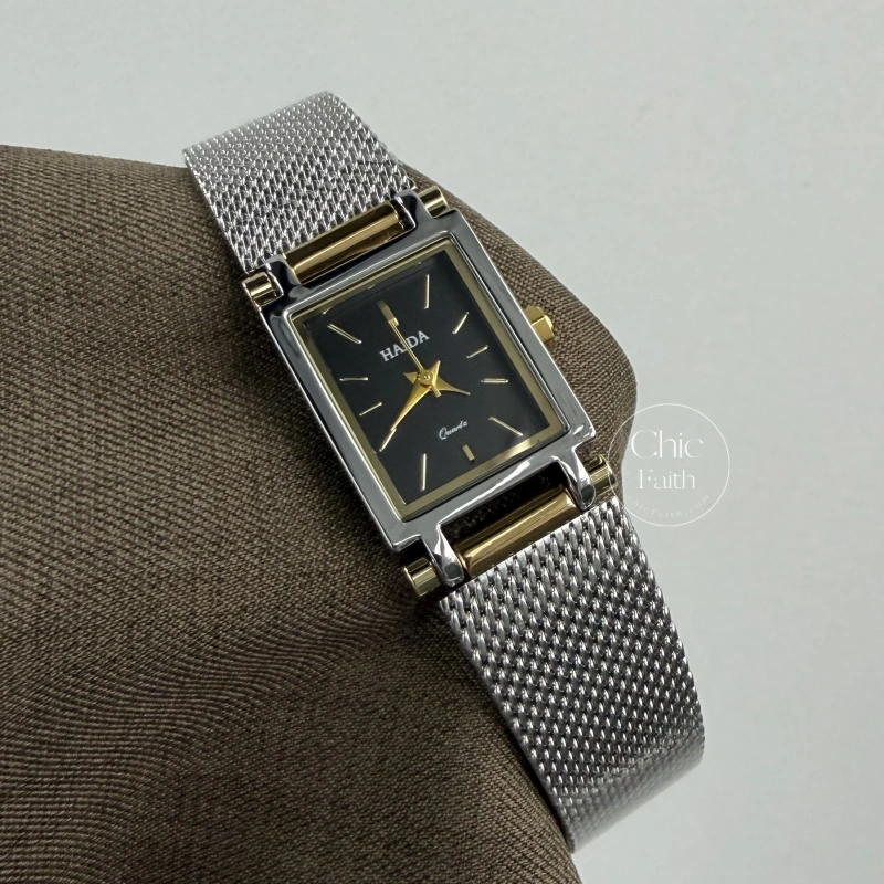 Minimalist Rectangle Black Dial Two Tone Women's Watch