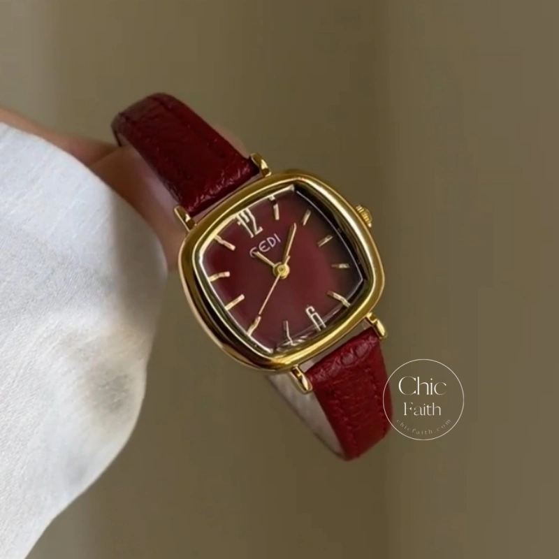 Retro Red/Brown/Grey/Blue Square Genuine Leather Strap Women's Watch