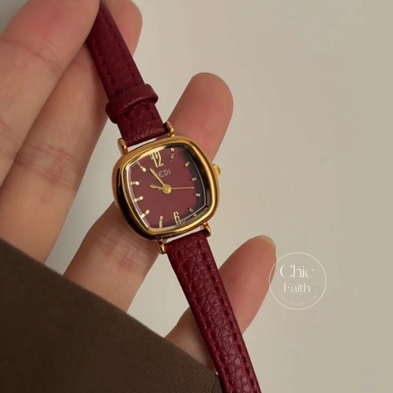 Retro Red/Brown/Grey/Blue Square Genuine Leather Strap Women's Watch