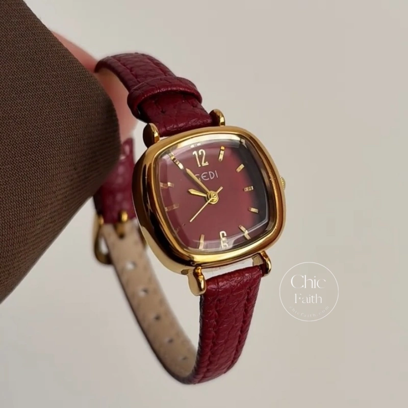 Retro Red/Brown/Grey/Blue Square Genuine Leather Strap Women's Watch