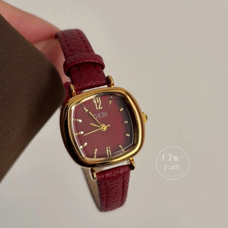 Retro Red/Brown/Grey/Blue Square Genuine Leather Strap Women's Watch