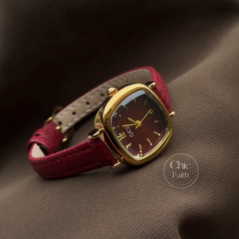 Retro Red/Brown/Grey/Blue Square Genuine Leather Strap Women's Watch
