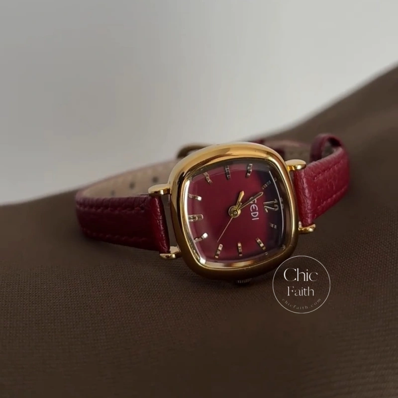 Retro Red/Brown/Grey/Blue Square Genuine Leather Strap Women's Watch