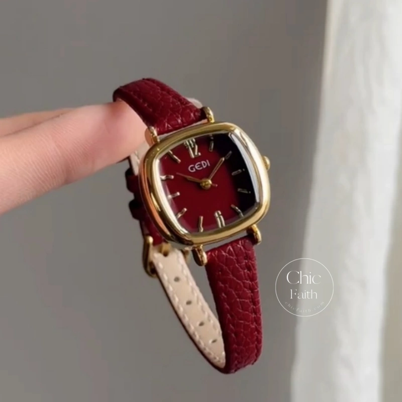 Retro Red/Brown/Grey/Blue Square Genuine Leather Strap Women's Watch