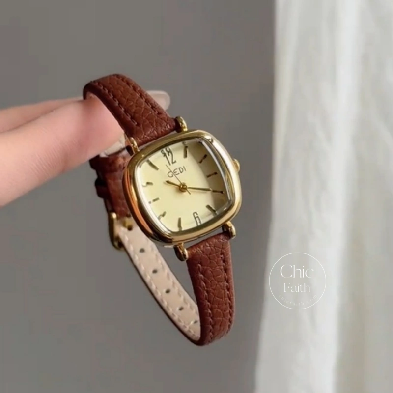 Retro Red/Brown/Grey/Blue Square Genuine Leather Strap Women's Watch