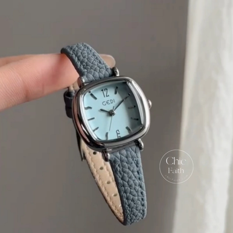 Retro Red/Brown/Grey/Blue Square Genuine Leather Strap Women's Watch