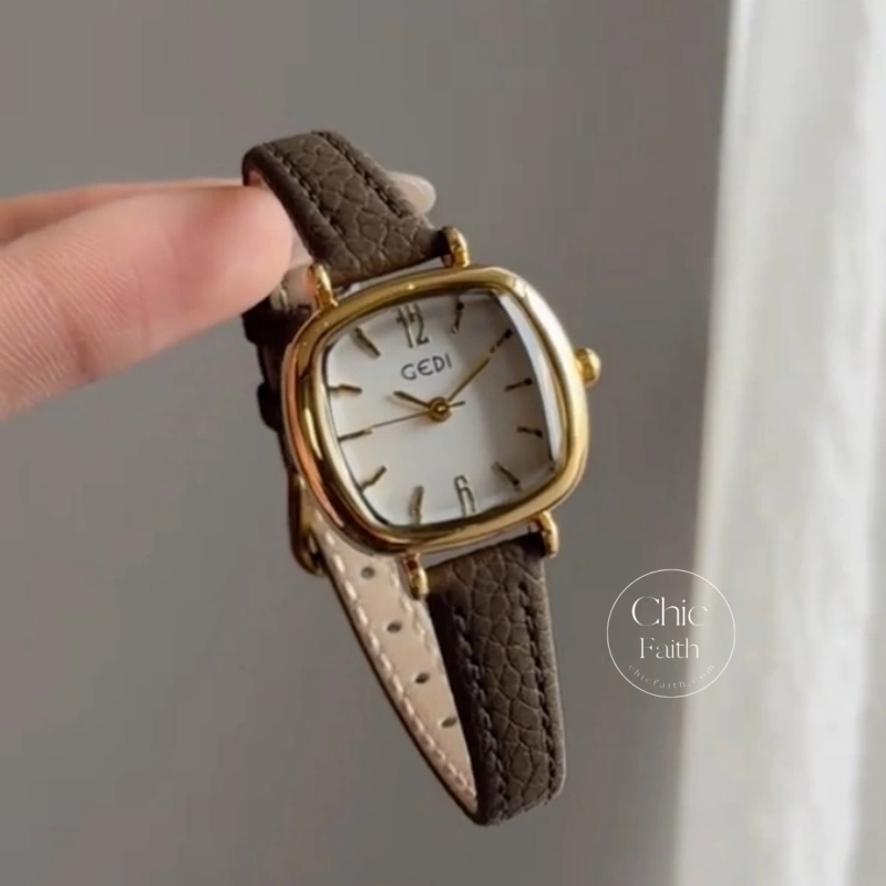 Retro Red/Brown/Grey/Blue Square Genuine Leather Strap Women's Watch