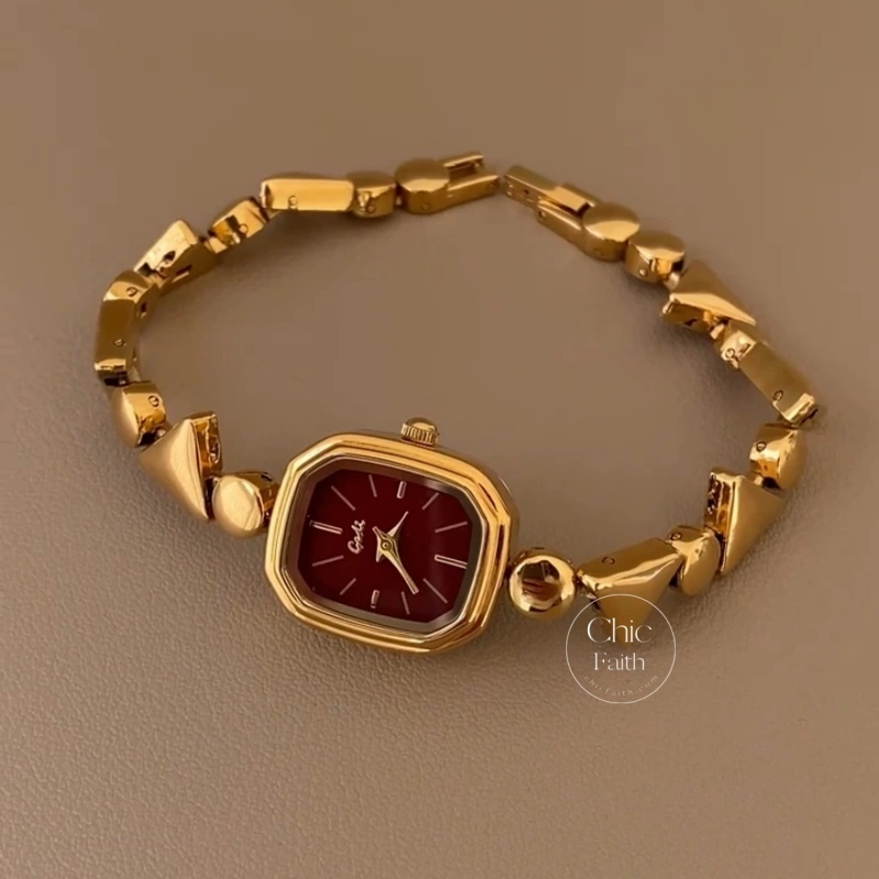 Dainty Gold Burgundy Dial Geometric Link Bracelet Women's Watch