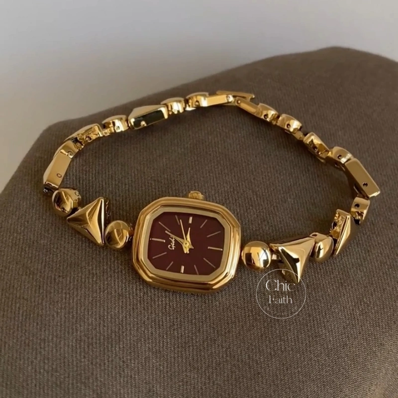 Dainty Gold Burgundy Dial Geometric Link Bracelet Women's Watch