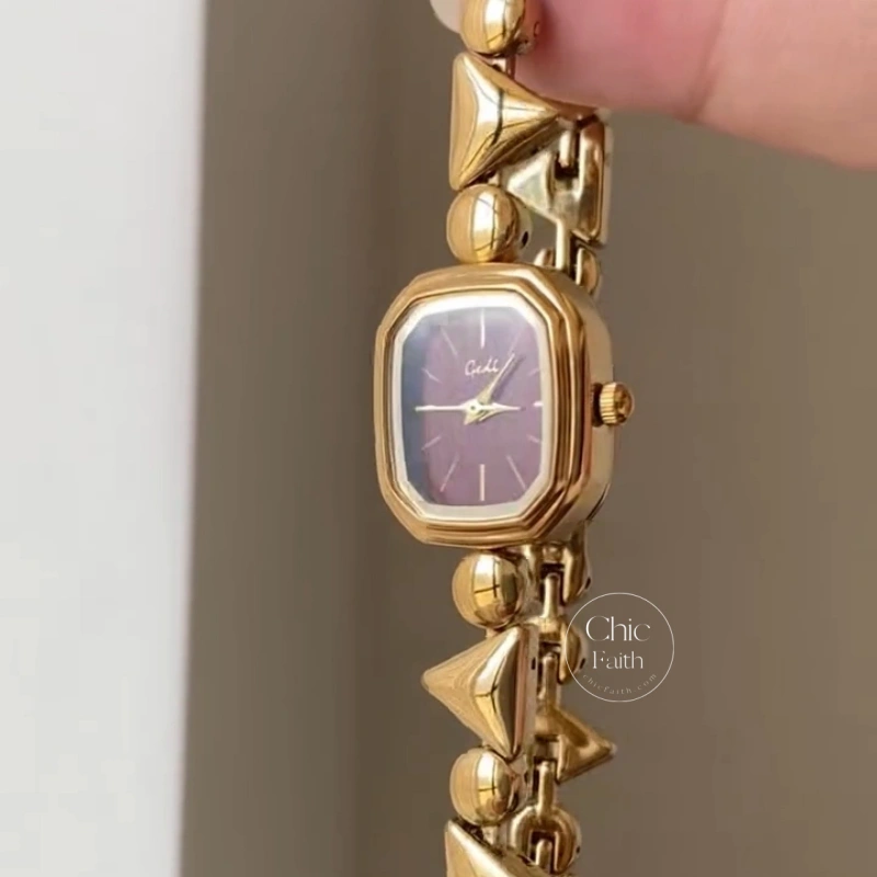 Dainty Gold Burgundy Dial Geometric Link Bracelet Women's Watch