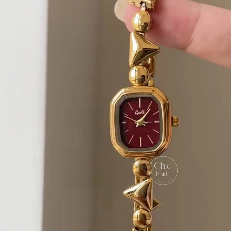 Dainty Gold Burgundy Dial Geometric Link Bracelet Women's Watch