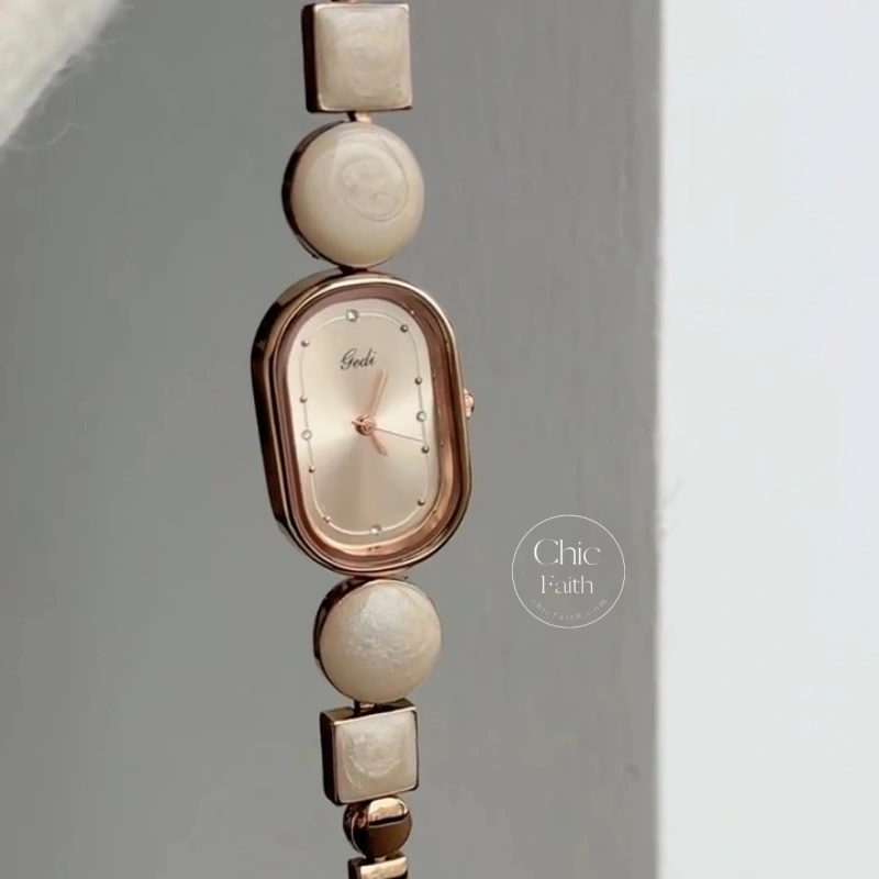 Chic Blue/Rose Gold Oval Dial Handmade Bracelet Watch for Women