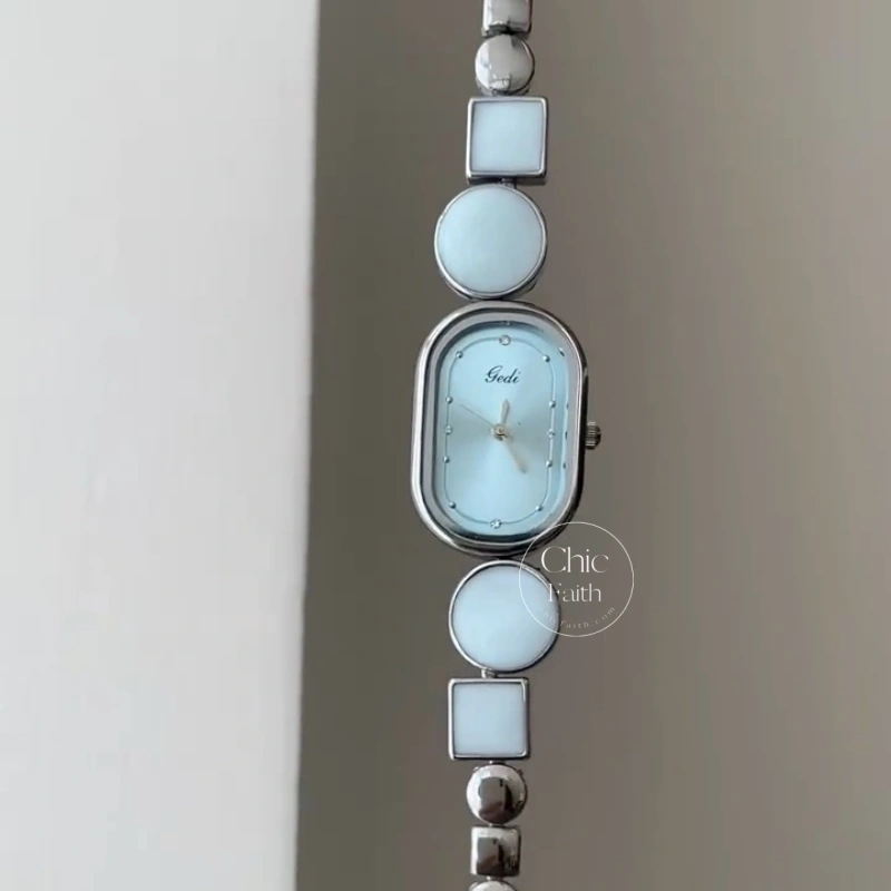 Chic Blue/Rose Gold Oval Dial Handmade Bracelet Watch for Women
