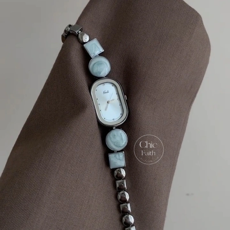 Chic Blue/Rose Gold Oval Dial Handmade Bracelet Watch for Women