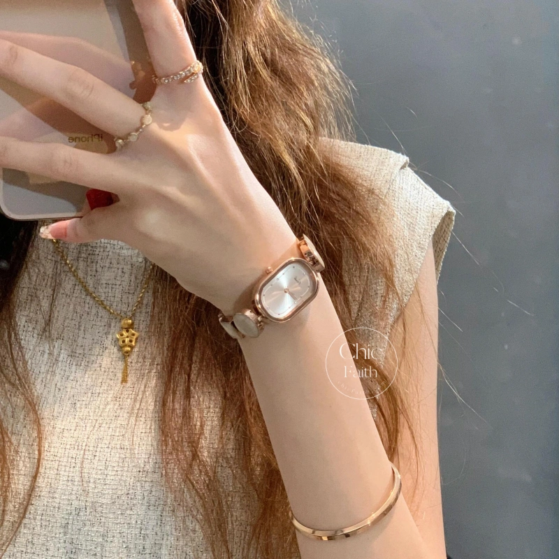 Chic Blue/Rose Gold Oval Dial Handmade Bracelet Watch for Women