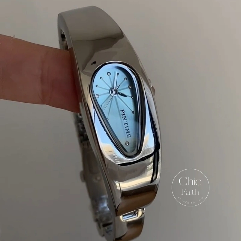 Unisex Silver/Blue/Green/Orange Teardrop Dial Bangle Watch