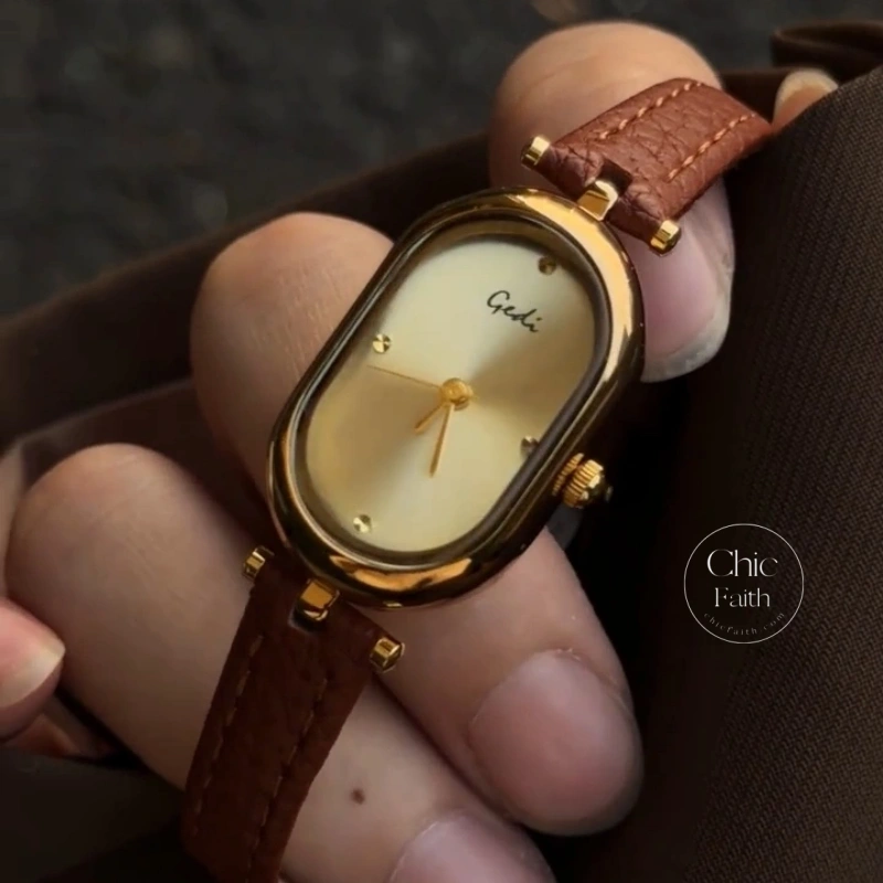 Chic Brown/Grey Oval Dial Genuine Leather Strap Women's Watch