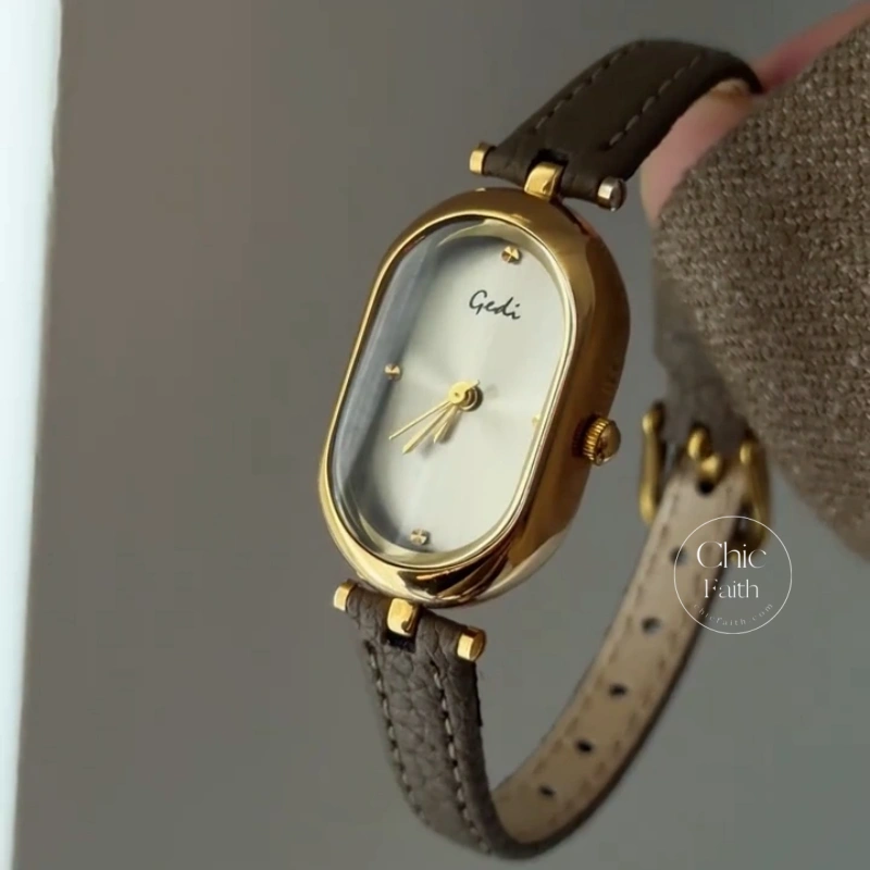 Chic Brown/Grey Oval Dial Genuine Leather Strap Women's Watch