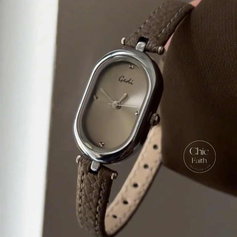 Chic Brown/Grey Oval Dial Genuine Leather Strap Women's Watch