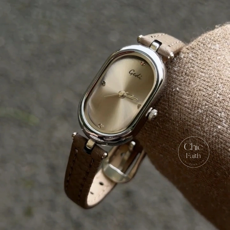 Chic Brown/Grey Oval Dial Genuine Leather Strap Women's Watch