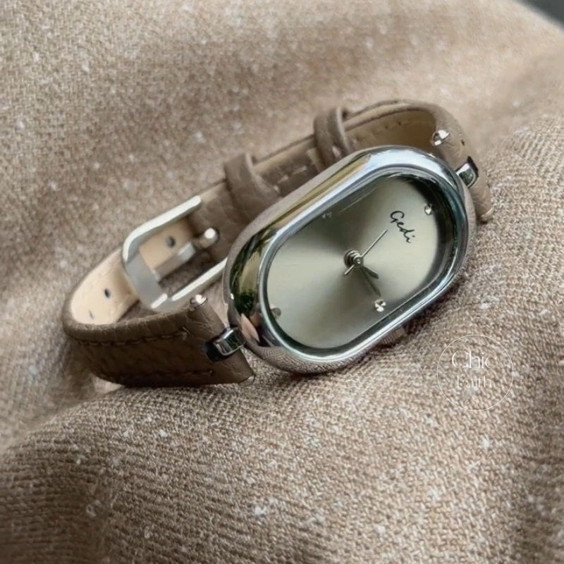 Chic Brown/Grey Oval Dial Genuine Leather Strap Women's Watch
