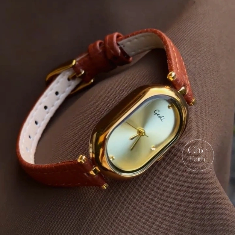 Chic Brown/Grey Oval Dial Genuine Leather Strap Women's Watch