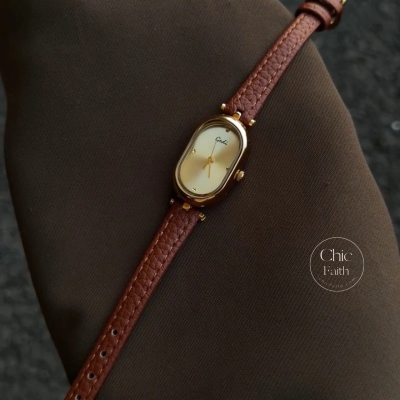 Chic Brown/Grey Oval Dial Genuine Leather Strap Women's Watch