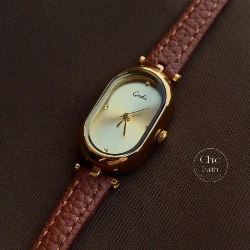 Chic Brown/Grey Oval Dial Genuine Leather Strap Women's Watch