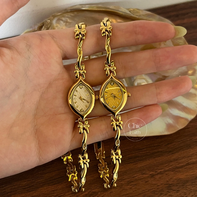 Chic Gold/White Marquise Dial Floral Twist Bracelet Women‘s Watch