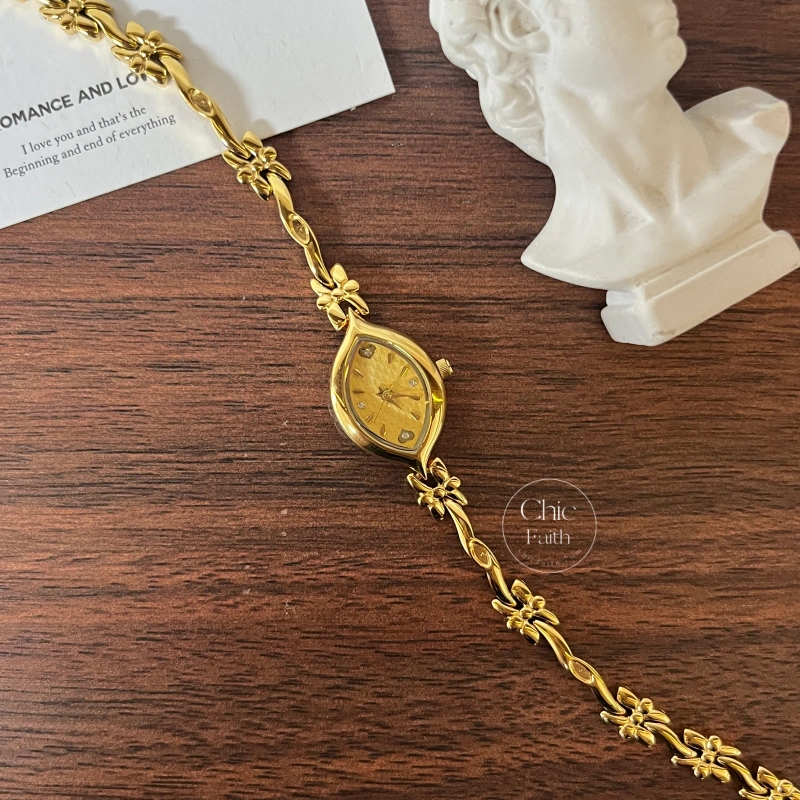 Chic Gold/White Marquise Dial Floral Twist Bracelet Women‘s Watch