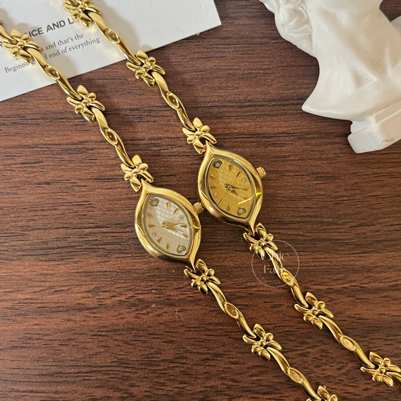 Chic Gold/White Marquise Dial Floral Twist Bracelet Women‘s Watch